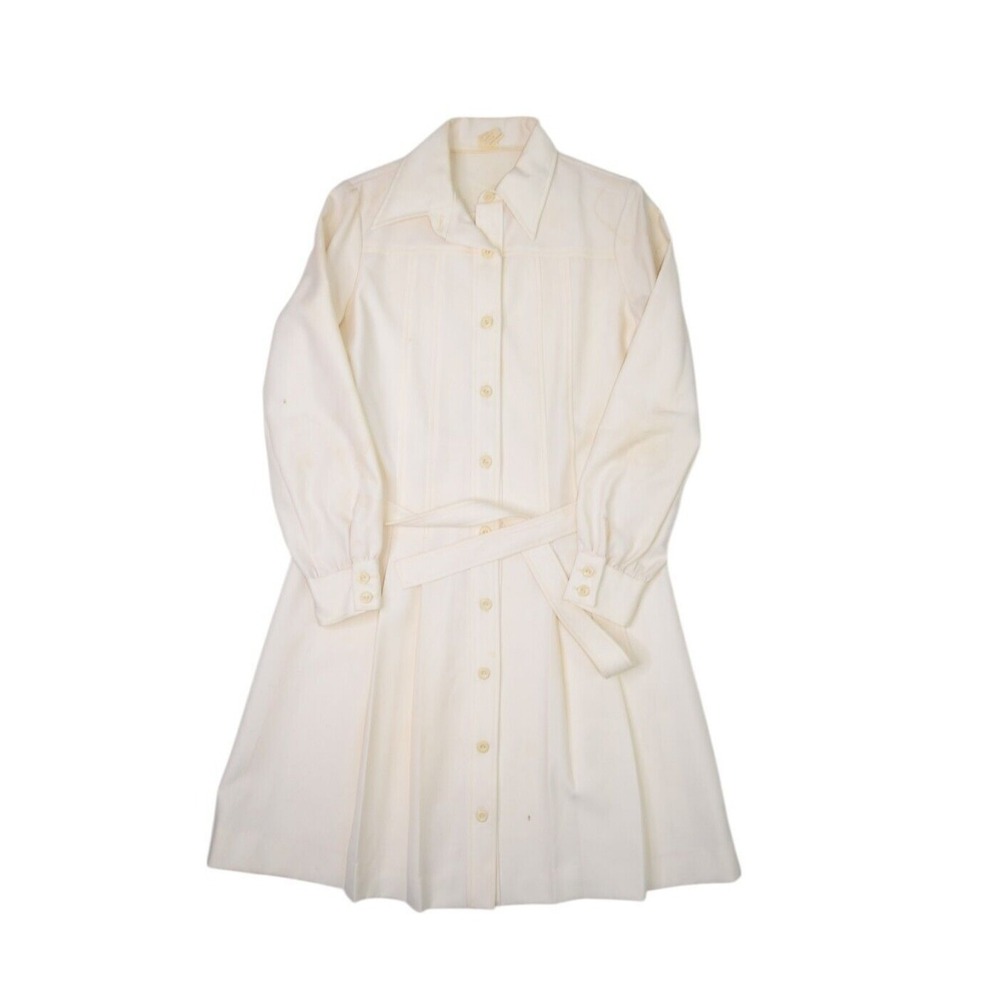 Vintage 70s Dress Womens Small Flare Long Sleeve Button Front Mod Belted House